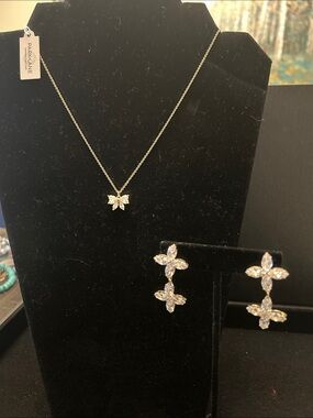 Park Lane Gold-Tone White Crystal Bow Necklace with Floral Drop Earrings